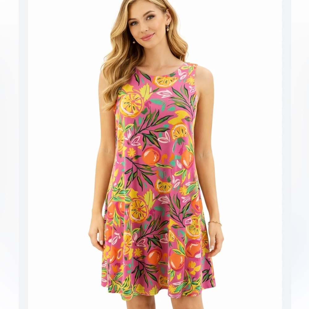 Pappagallo Citrus Fruit Pink and Yellow Sleeveless Large Shift Dress